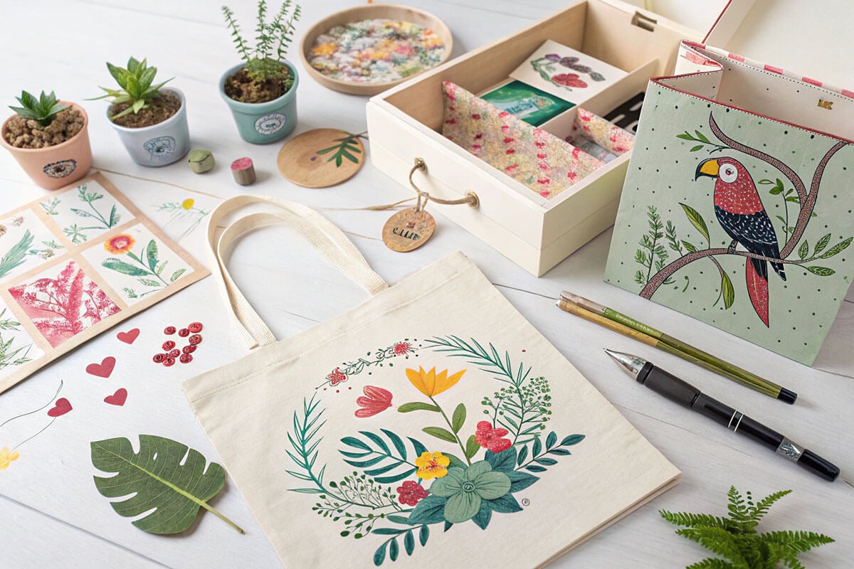 Custom Product Variety Made Accessible with Ultra-Low MOQ Flat-lay of various custom products like stickers, boxes, and tote bags