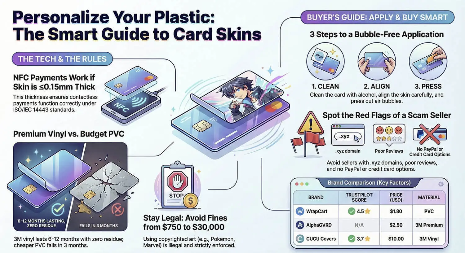 Hướng dẫn thông minh về Skin thẻ - Hướng dẫn trực quan đầy đủ về tùy chỉnh skin thẻ anime Infographic Hướng dẫn thông minh về Skin thẻ - các kiểu skin thẻ tín dụng anime, bước ứng dụng và hướng dẫn tương thích NFC