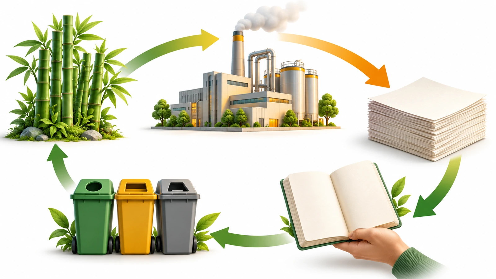 Vòng đời của một cuốn sổ tay tre, từ rừng tre được quản lý, qua gia công, giấy, sử dụng đến cuối vòng đời, cho thấy tác động môi trường tăng và giảm ở đâu