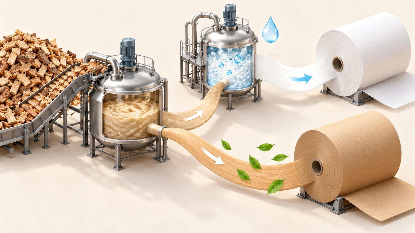 Minh họa một dòng bột kraft đơn chia thành hai nhánh: một nhánh đi thẳng đến cuộn giấy kraft nâu, nhánh còn lại qua một công đoạn tẩy trắng bổ sung đến cuộn kraft trắng