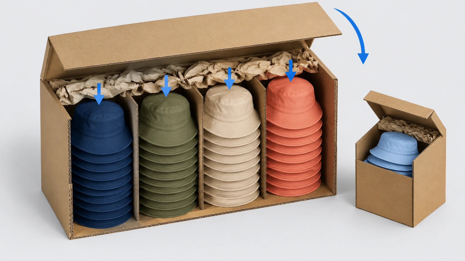 Hình minh họa mặt cắt một thùng carton vận chuyển chứa các chồng mũ bucket xếp lồng đứng thẳng, chia theo màu, với mũi tên chỉ hướng xếp chồng và phần lấp đầy khoảng trống