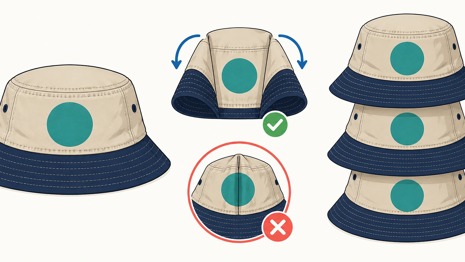 Sơ đồ ba phương pháp đóng gói mũ bucket: để phẳng, gấp dọc theo các đường may hai bên với mặt trước giữ phẳng, và xếp lồng thân vào thân, có mũi tên chỉ hướng gấp