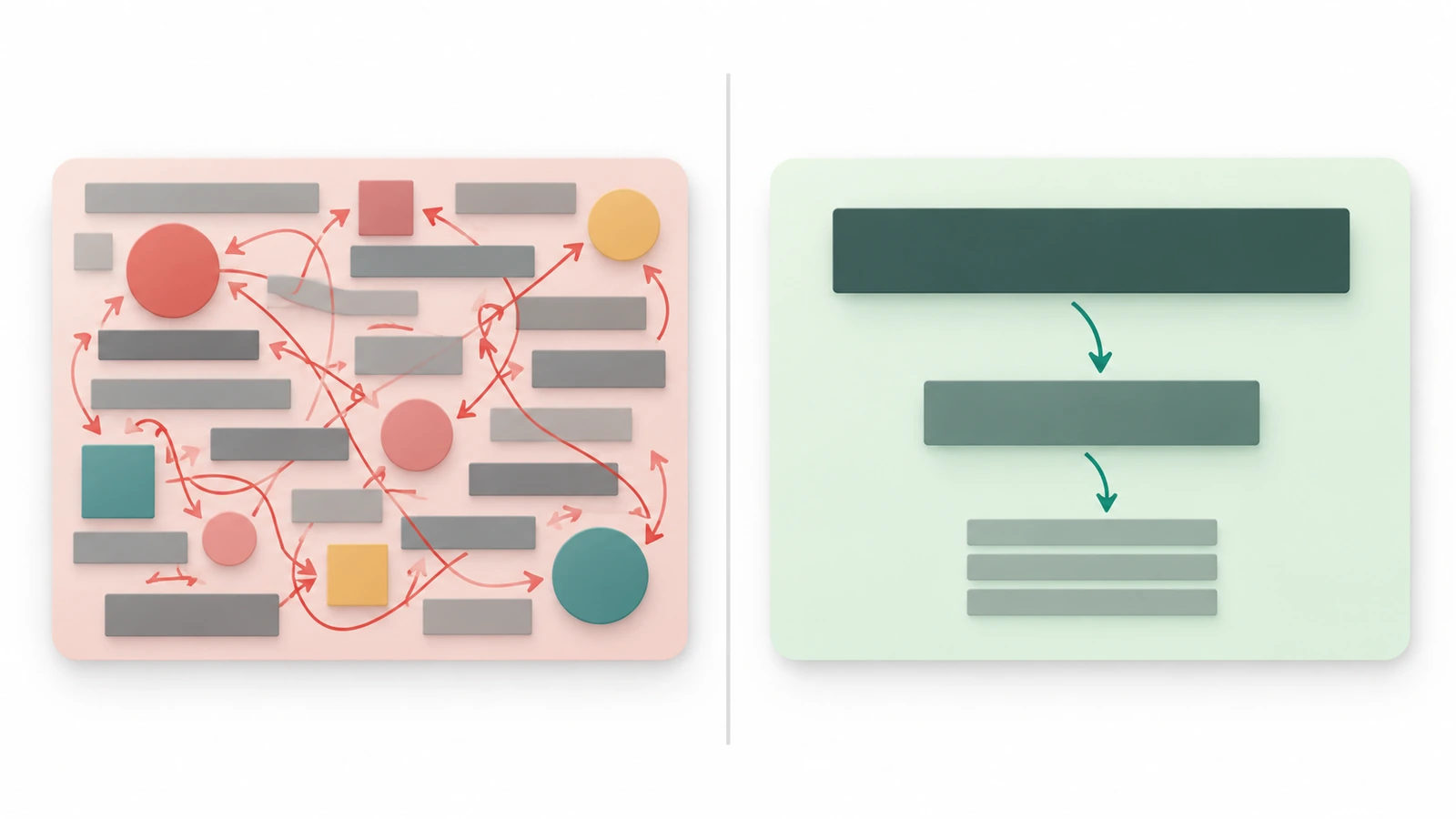 Sơ đồ so sánh một tấm danh thiếp chi chít thông tin với một tấm có phân cấp ba cấp gọn gàng, với các mũi tên chỉ đường mắt di chuyển từ điểm nhấn đến thông tin liên hệ