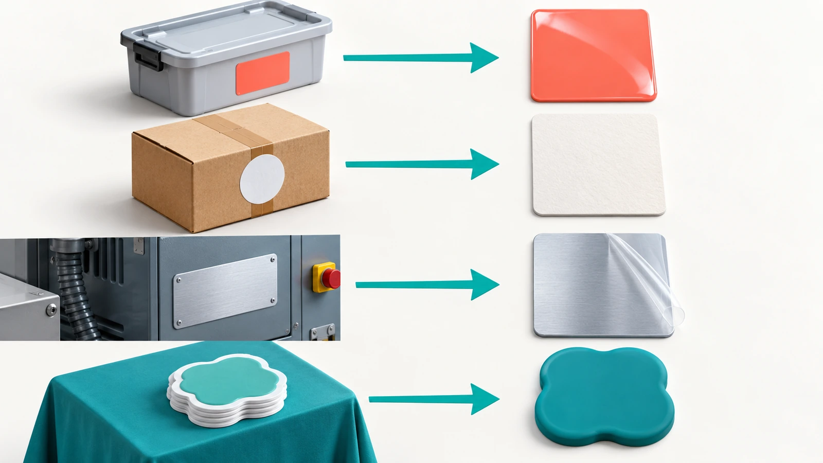 Bốn ứng dụng nhãn dán doanh nghiệp được thể hiện bằng biểu tượng: một sản phẩm có thương hiệu, một thùng hàng đã niêm phong, một máy công nghiệp có dán nhãn và một bàn quà tặng, mỗi biểu tượng được nối bằng mũi tên với một mẫu chất liệu nhãn dán khác nhau