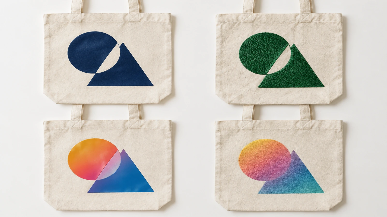 Bốn túi tote canvas màu tự nhiên so sánh một khối in lụa phẳng, thêu nổi, in chuyển nhiệt bóng và in trực tiếp nhiều màu mềm mại
