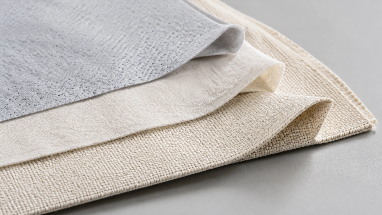 Ba mẫu vải xếp chồng để so sánh độ dày: vải không dệt liên kết mỏng, cotton định lượng trung bình và canvas dày
