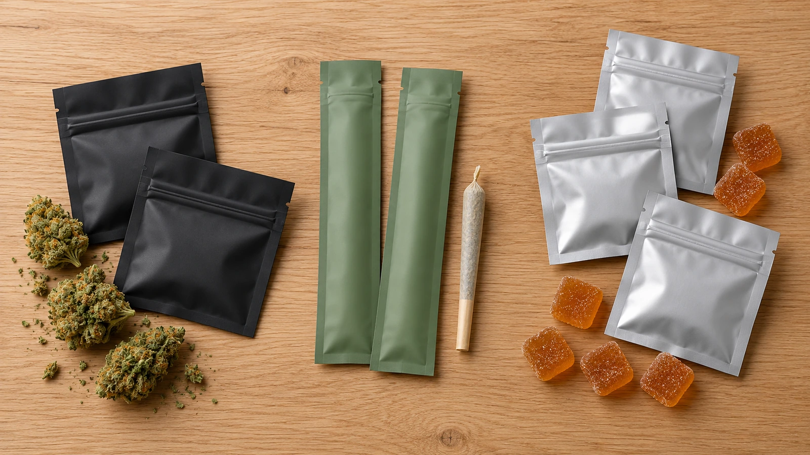Ba nhóm túi Mylar phẳng màu mờ được phân theo dòng sản phẩm: mẫu hoa cannabis, pre-roll đơn và kẹo dẻo định liều riêng lẻ