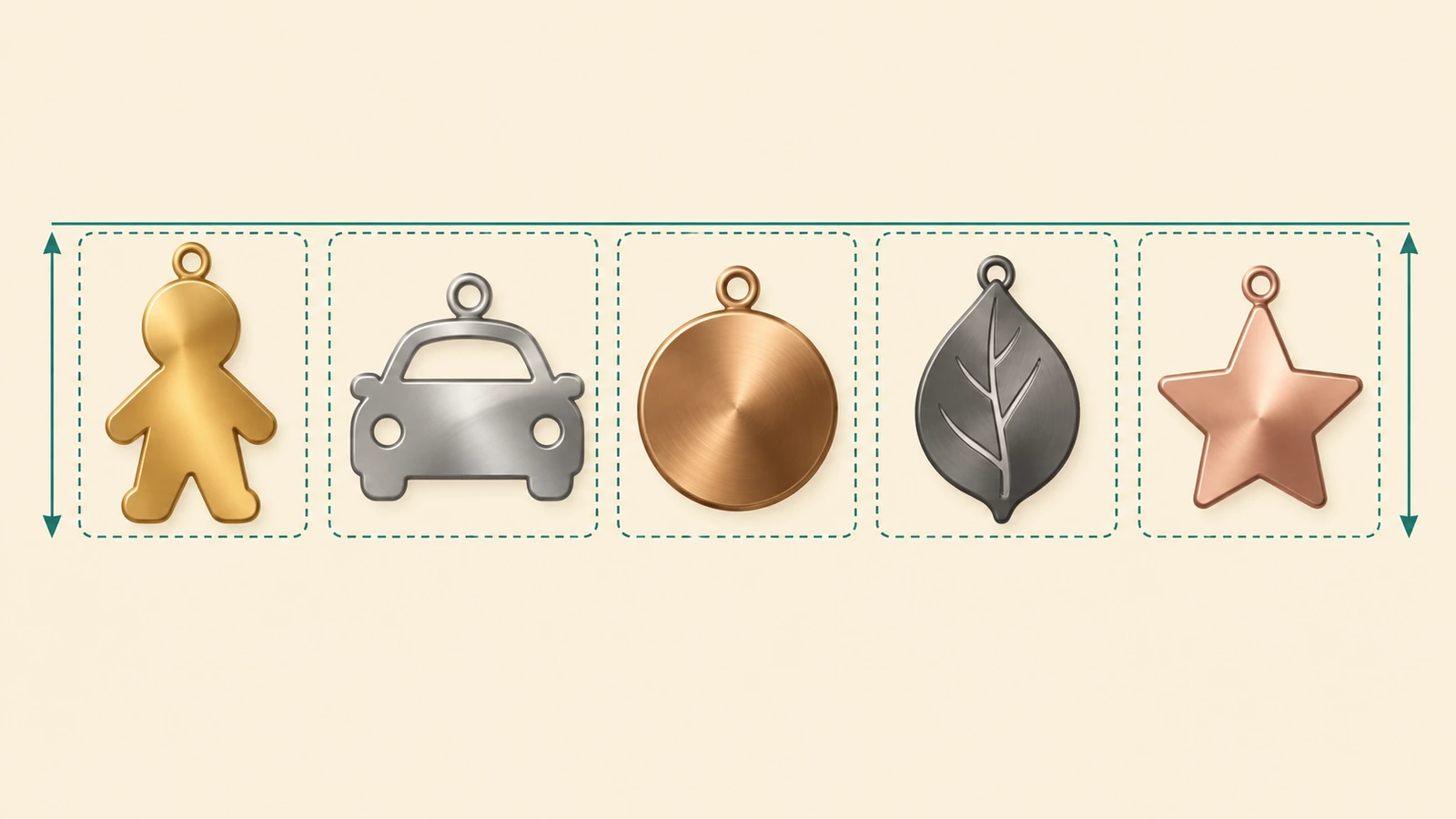 Sơ đồ nhóm kích thước của một dòng charm: năm hình dáng charm khác nhau nằm trong các khung viền giống hệt nhau, với mũi tên thể hiện chiều cao chung