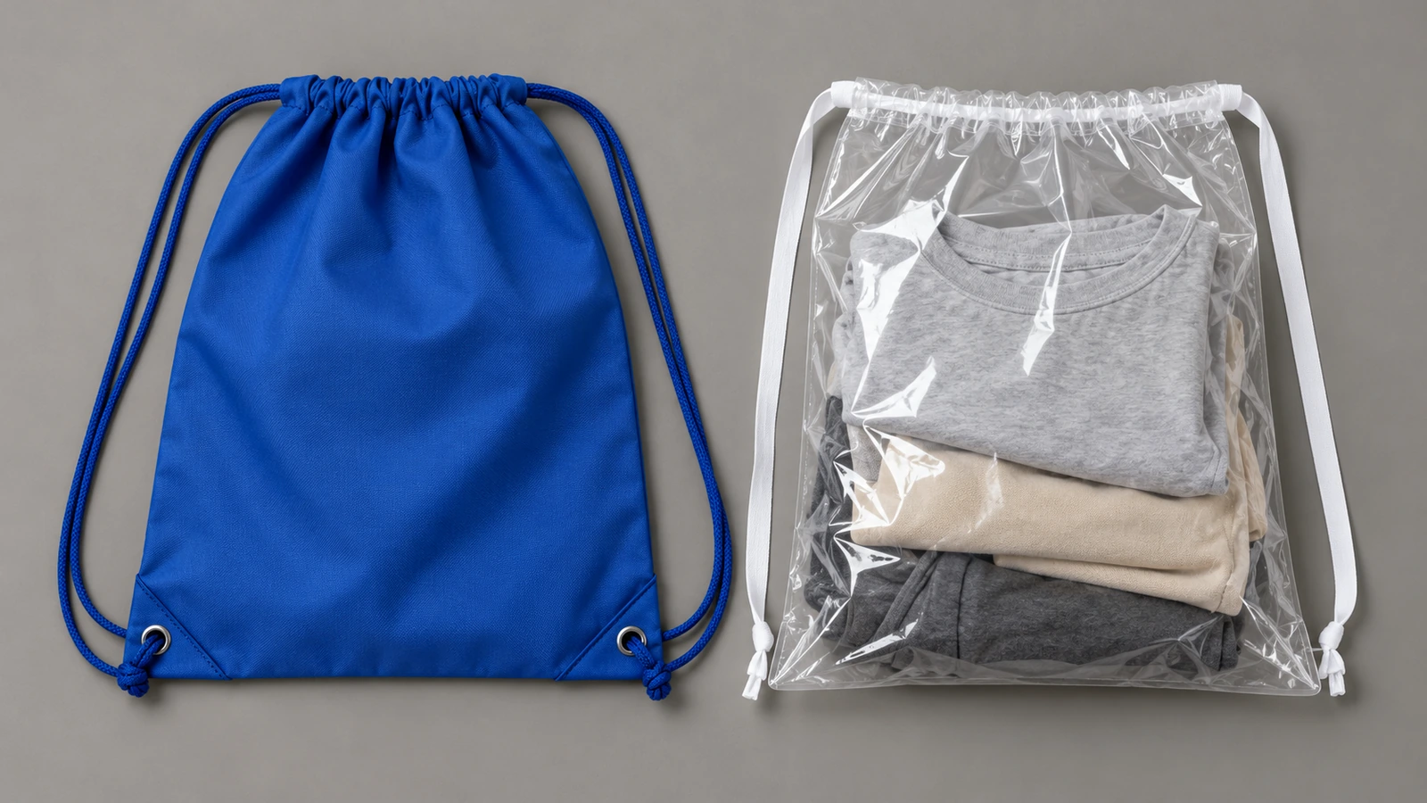 Một ba lô dây rút polyester màu xanh có dây đeo vai đặt cạnh một túi dây rút màng PE trong suốt có dải dây rút, đặt phẳng trên bề mặt trung tính