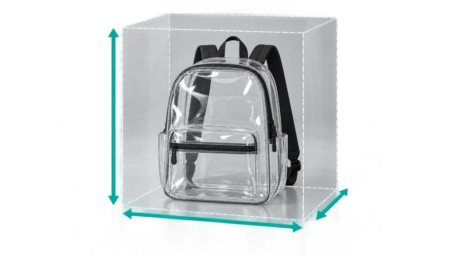 Balo PVC trong suốt đặt bên trong một khối hộp trong suốt có viền nét đứt, thể hiện giới hạn kích thước sân vận động 12 x 6 x 12 inch, với các mũi tên dọc theo chiều cao, chiều rộng và chiều sâu