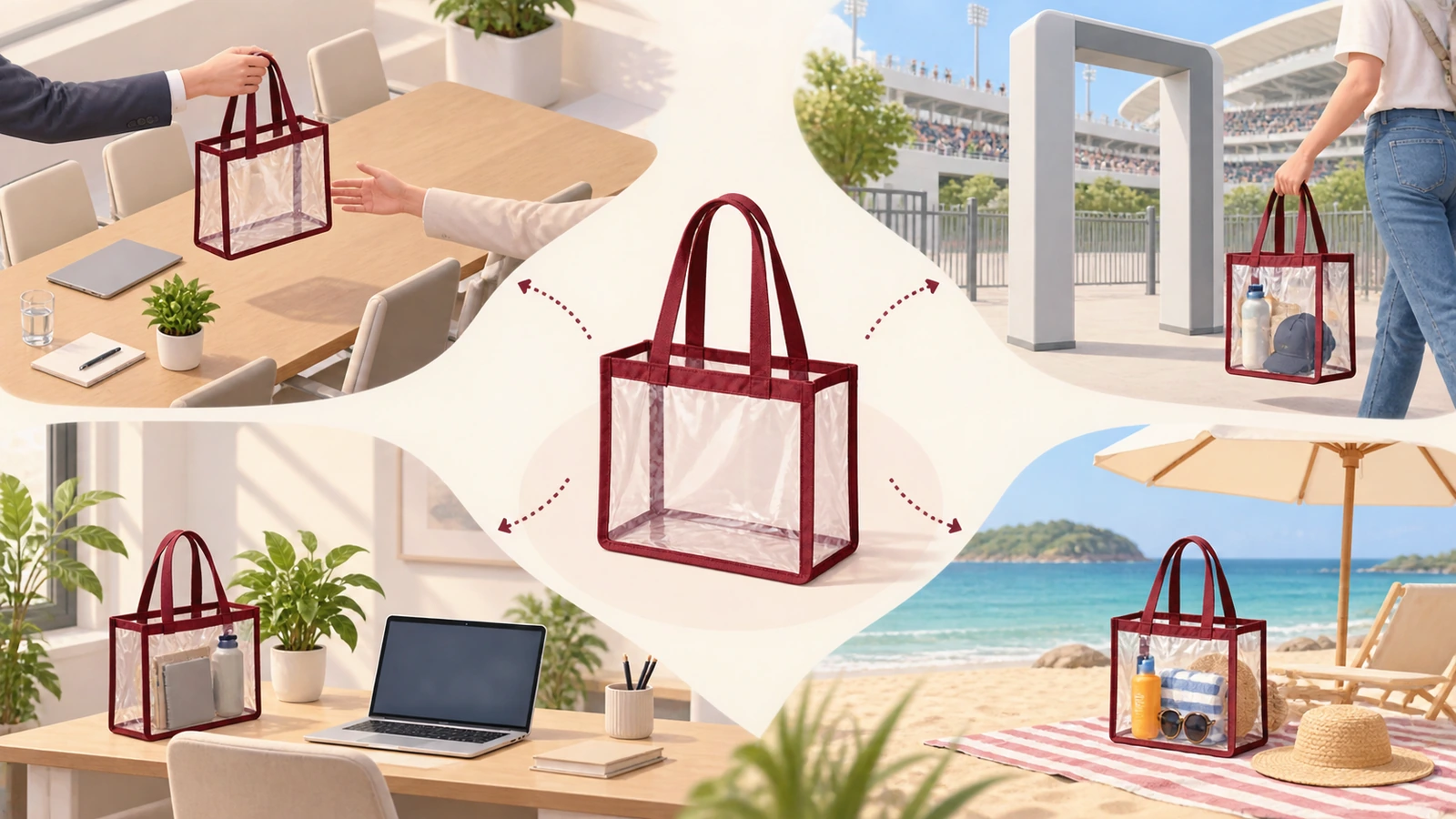 Minh họa một chiếc túi tote trong suốt đi theo các mũi tên từ lúc trao tại hội nghị đến cổng sân vận động, bàn làm việc văn phòng và bãi biển, cho thấy việc tái sử dụng sau sự kiện