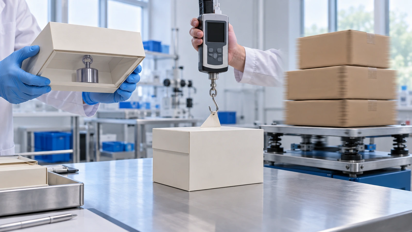 Cảnh phòng thí nghiệm cho thấy một hộp nam châm đã chất tải được giữ lật ngược mà nắp vẫn đóng kín, bên cạnh là một lực kế cầm tay đang kéo mở nắp và một chồng hộp trên bàn rung