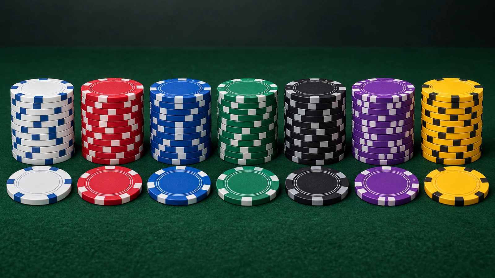 Bảy cọc chip poker xếp từ mệnh giá nhạt nhất đến đậm nhất theo màu quy ước: trắng, đỏ, xanh dương, xanh lá, đen, tím và vàng