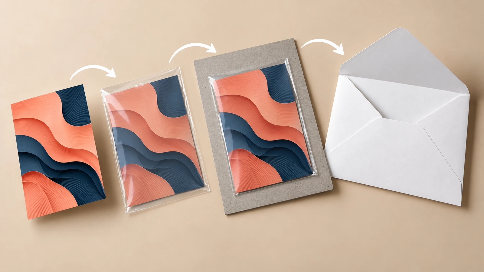 Phong bì được mở ra cho thấy một thẻ lenticular được bảo vệ bằng túi bọc trong suốt và một tấm bìa lót cứng, với các mũi tên chỉ hướng đưa vào