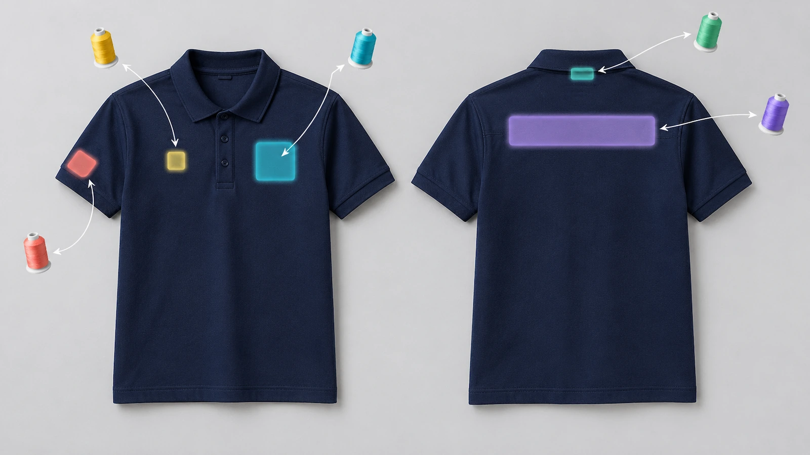 Áo polo cotton piqué màu xanh navy nhìn từ phía trước và phía sau, với các vùng thêu được đánh dấu ở ngực trái, ngực phải, tay áo, đô lưng và gáy sau