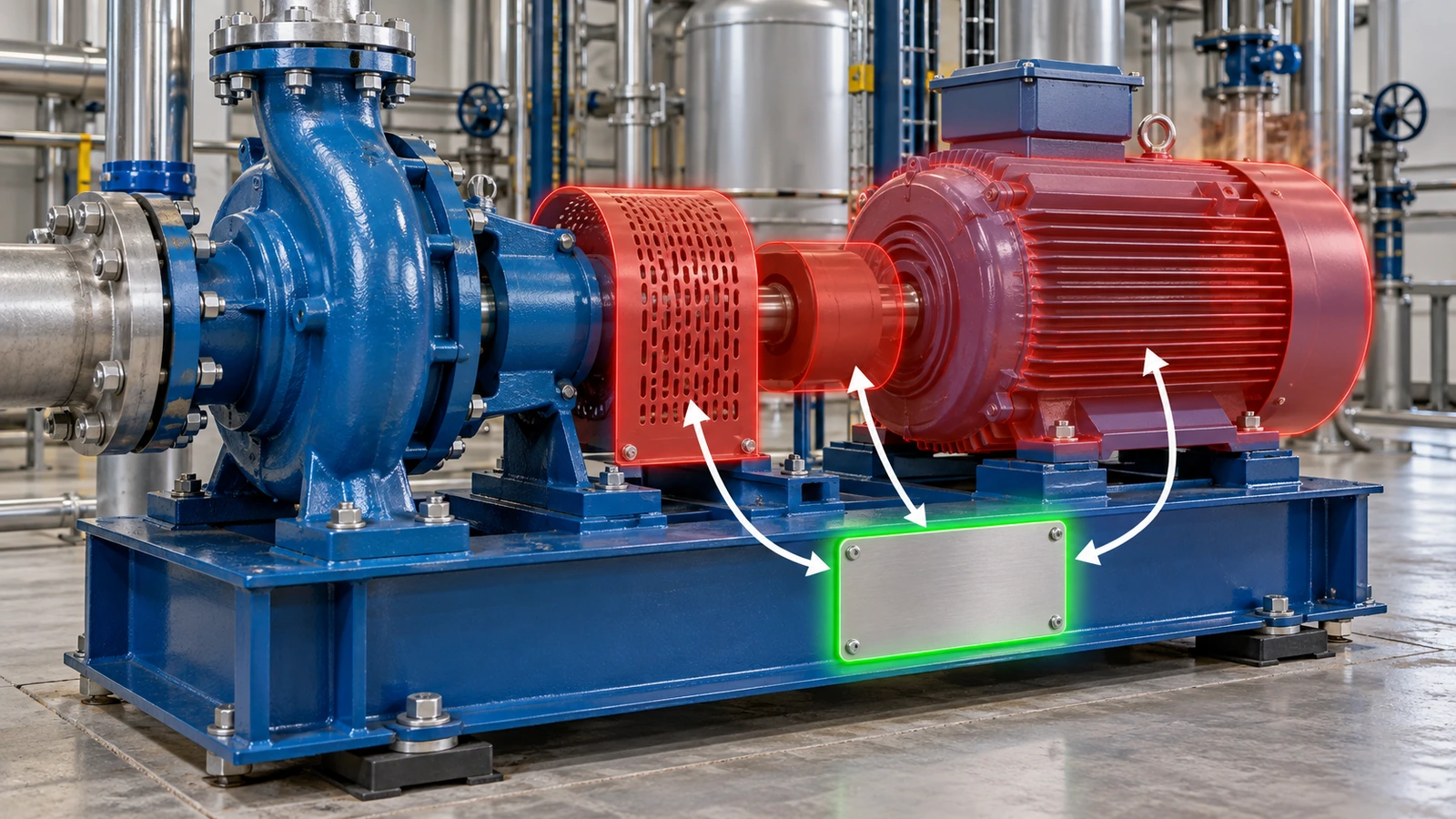 Bệ trượt máy bơm và động cơ cho thấy vị trí gắn thẻ đúng trên khung cố định, với chụp bảo vệ tháo rời, vỏ động cơ nóng và khớp nối được đánh dấu là các vùng cần tránh