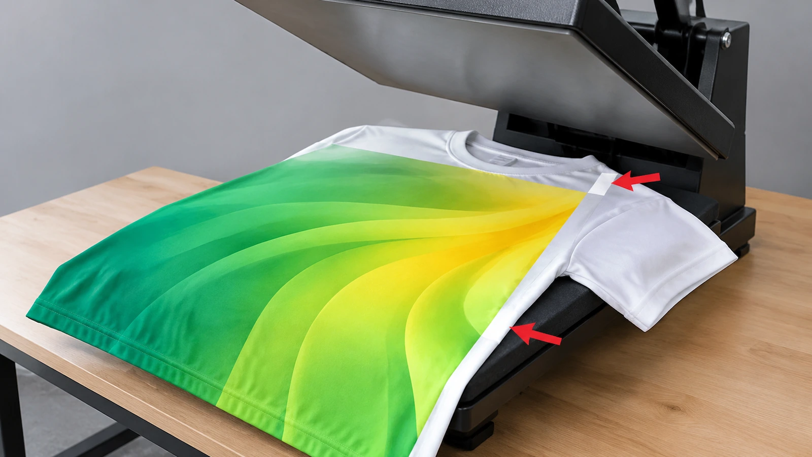 Bàn ép nhiệt phía trên chiếc áo thun polyester đã may, có mũi tên chỉ các khoảng trống chưa được in dọc đường may hông