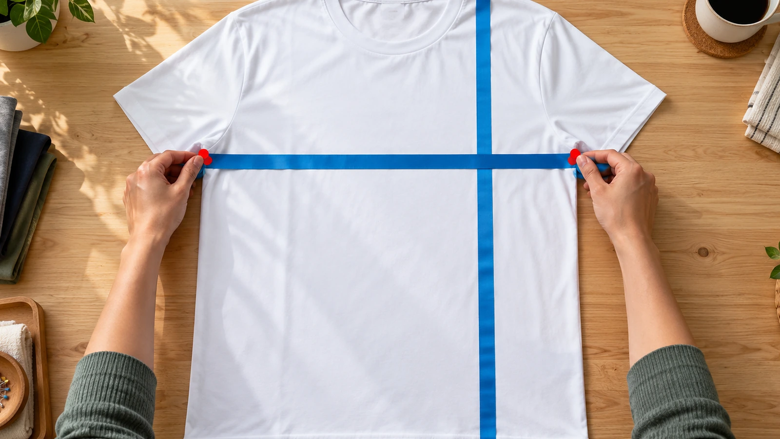 Hai bàn tay đang đo chiếc áo thun polyester unisex màu trắng đặt phẳng, với một thước dây vải trơn vắt ngang ngực