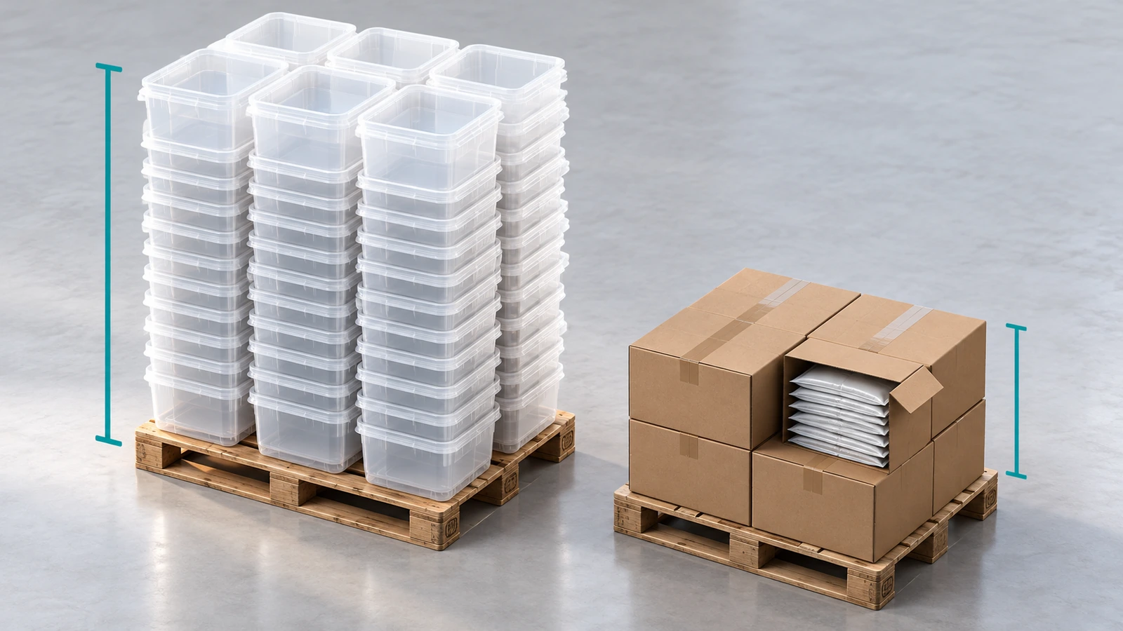 So sánh hai pallet: một pallet xếp cao với các hộp nhựa cứng rỗng, một pallet chứa cùng số lượng túi làm sẵn dạng phẳng trong các thùng carton gọn