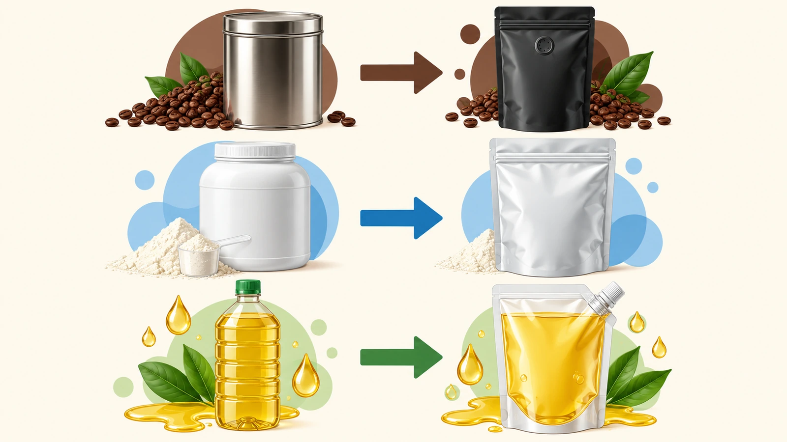 Sơ đồ ánh xạ nối hộp cà phê với túi có van, hộp bột với túi khóa kéo miệng rộng, và chai chất lỏng với túi có vòi, bằng các mũi tên màu