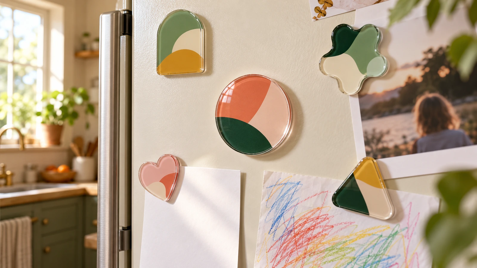 Cửa tủ lạnh có vài nam châm quảng bá acrylic trong suốt giữ các tờ giấy trắng và một bức ảnh gia đình, cho thấy nam châm doanh nghiệp chung chỗ với đồ cá nhân