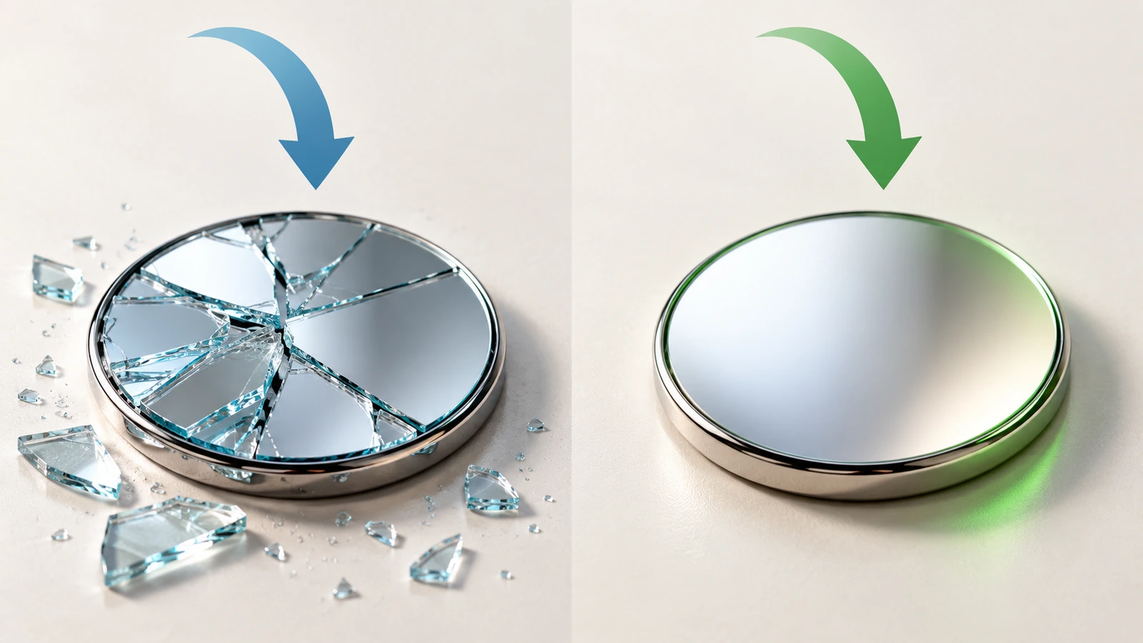 So sánh song song giữa mặt gương kính của gương huy hiệu vỡ thành các mảnh sắc và mặt gương acrylic vẫn nguyên vẹn sau khi rơi, với các mũi tên chỉ hướng rơi