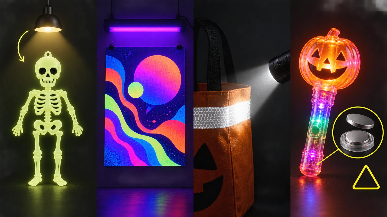Hình minh họa 4 khung so sánh nhãn dán phát sáng, bản in dưới đèn blacklight, dải phản quang được chiếu bằng chùm đèn pin và đồ chơi phát sáng dùng pin