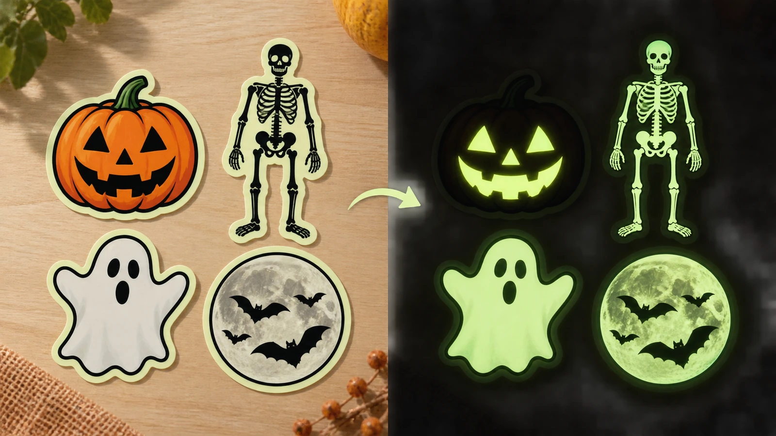 Nhãn dán Halloween phát sáng trong bóng tối hiển thị dưới ánh sáng ban ngày với hình bí ngô, bóng ma và bộ xương đủ màu, và trong bóng tối chỉ các vùng không in phát sáng màu xanh lục