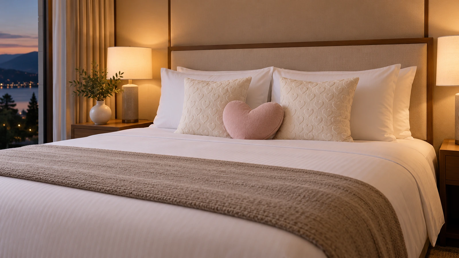 Giường suite khách sạn được bày trí với gối ngủ màu trắng, hai gối ném vuông có họa tiết trái tim tinh tế và một điểm nhấn trái tim cắt khuôn nhỏ ở giữa