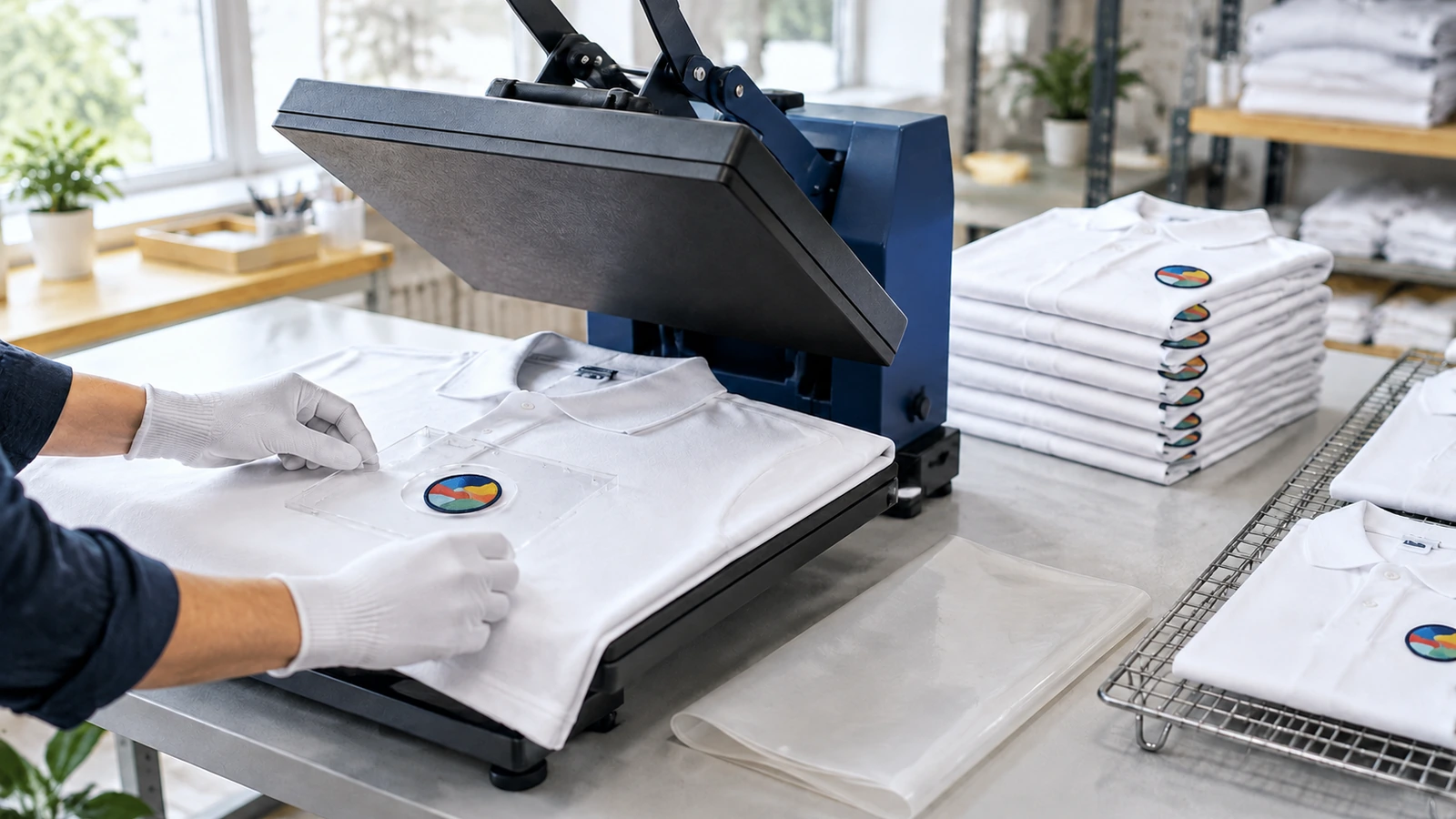 Máy ép nhiệt dạng vỏ sò với áo polo cotton và miếng vá được căn trên đồ gá định vị, tấm lót phủ đặt bên cạnh và các trang phục thành phẩm xếp chồng