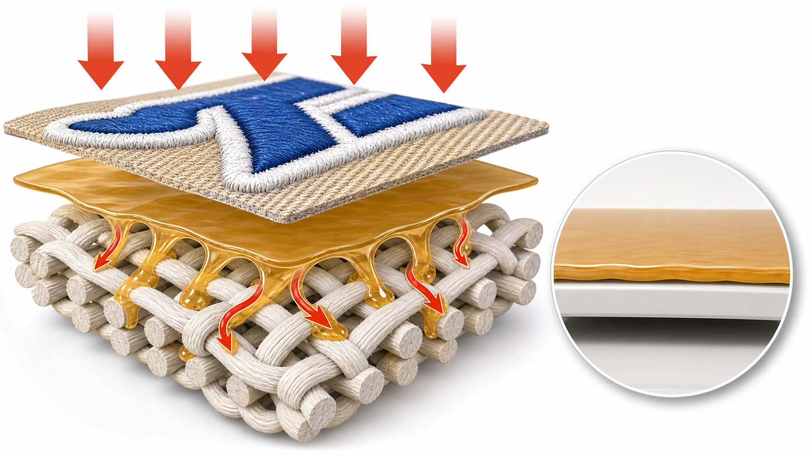 Sơ đồ mặt cắt cho thấy lớp keo ép nhiệt nóng chảy thấm vào mặt dệt của trang phục cotton bên dưới miếng vá thêu