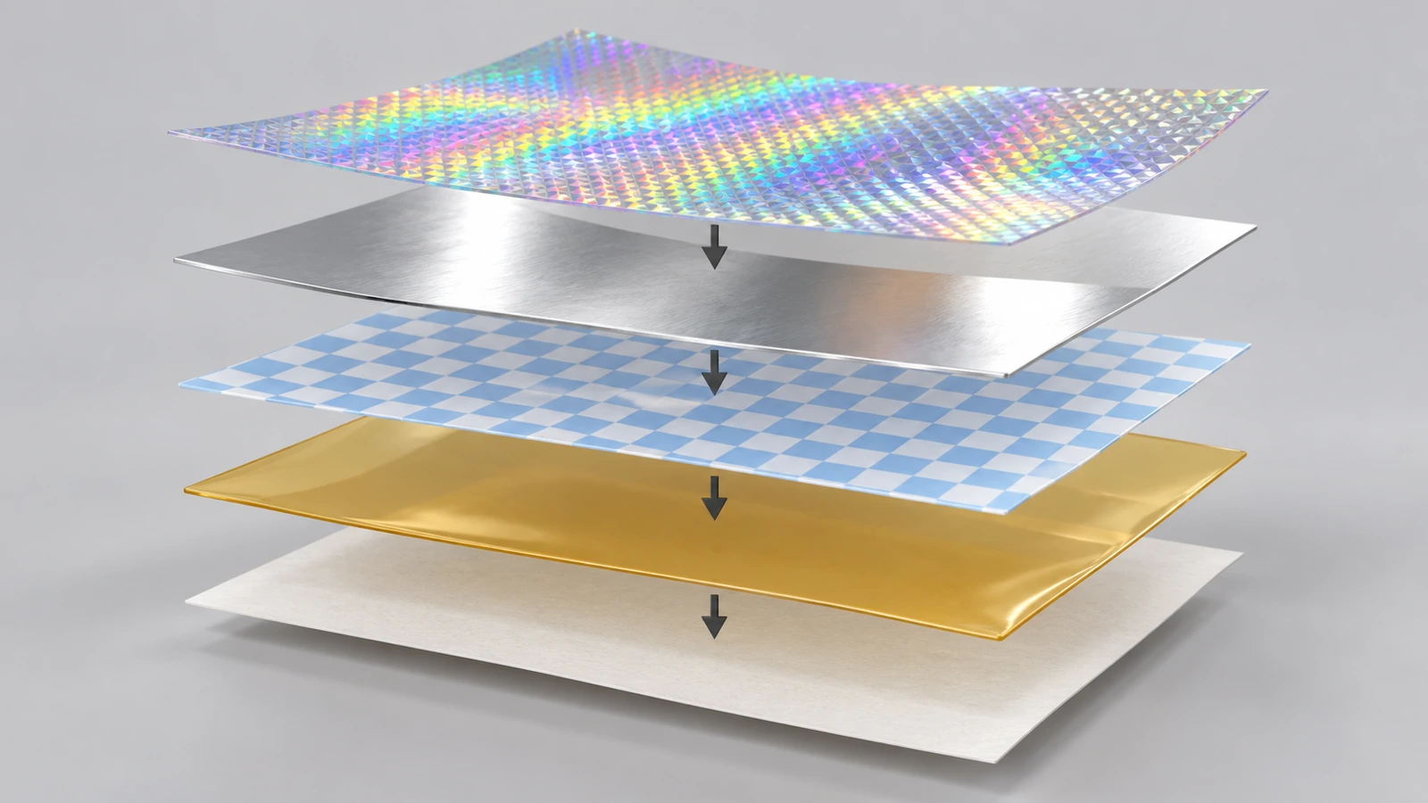 Mặt cắt tách lớp của tem bảo mật hologram, hiển thị màng dập nổi, lớp kim loại, lớp phủ nhả có họa tiết, keo dán và lớp lót