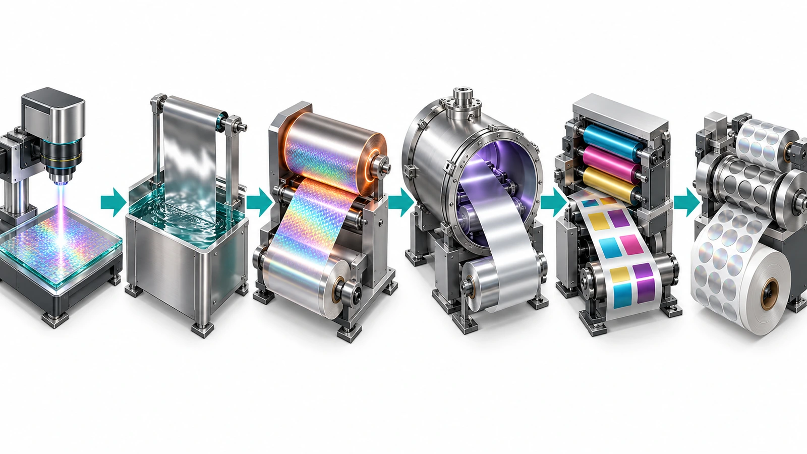 Quy trình in tem hologram từ bản gốc quang học đến tấm shim niken, trục dập nổi, buồng phủ kim loại, máy in và nhãn đã bế