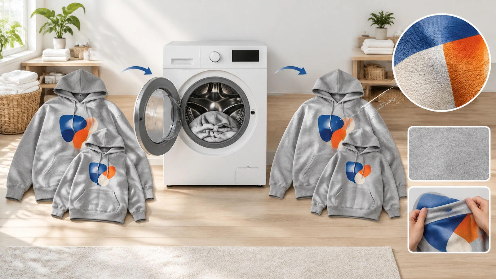 Hoodie mẫu size nhỏ và size lớn được so sánh trước và sau khi thử giặt để kiểm tra độ co và tình trạng nứt hình in