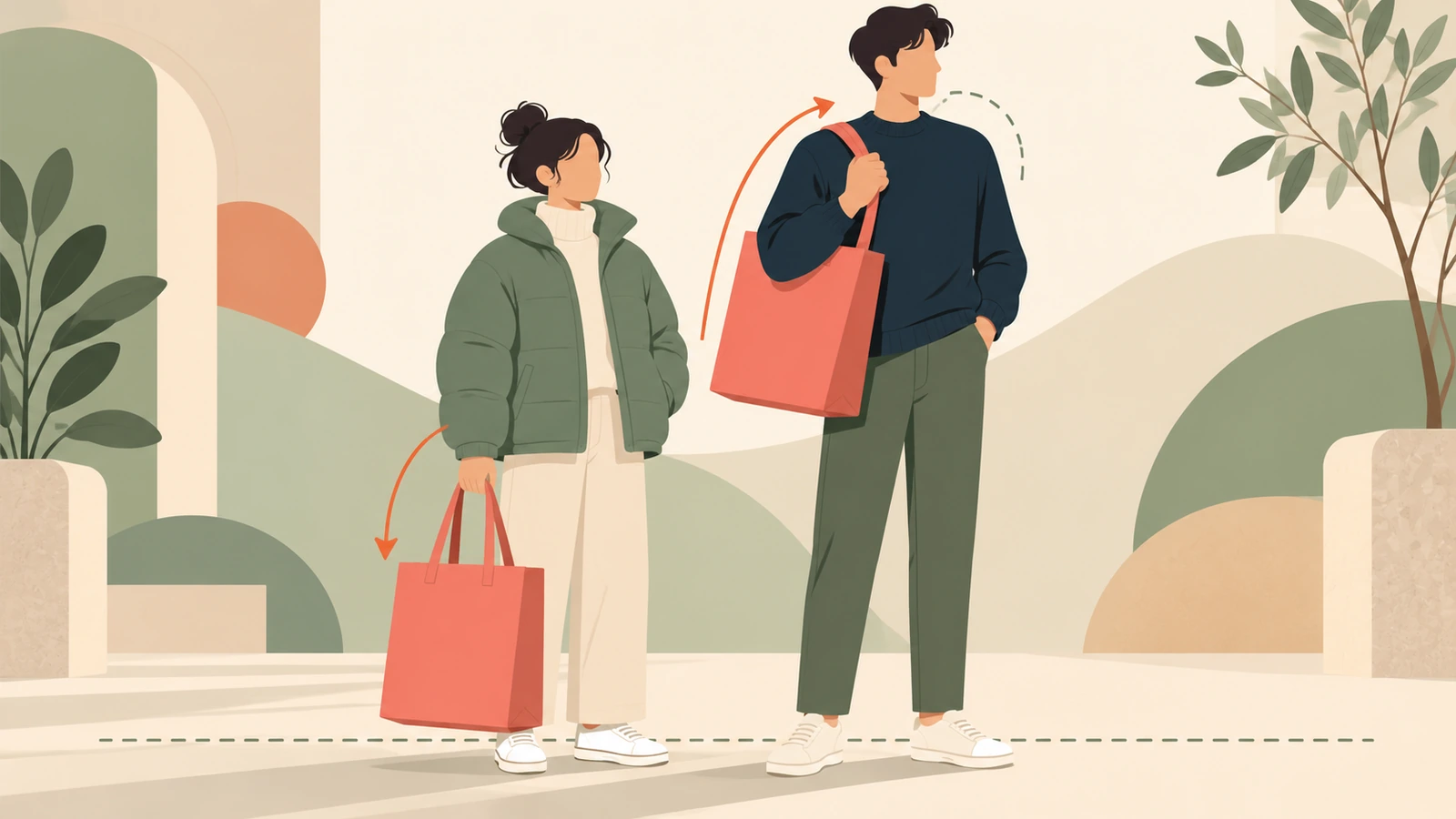 Hai người có chiều cao khác nhau mang cùng một chiếc túi tái sử dụng quá khổ, một người xách tay và một người đeo vai
