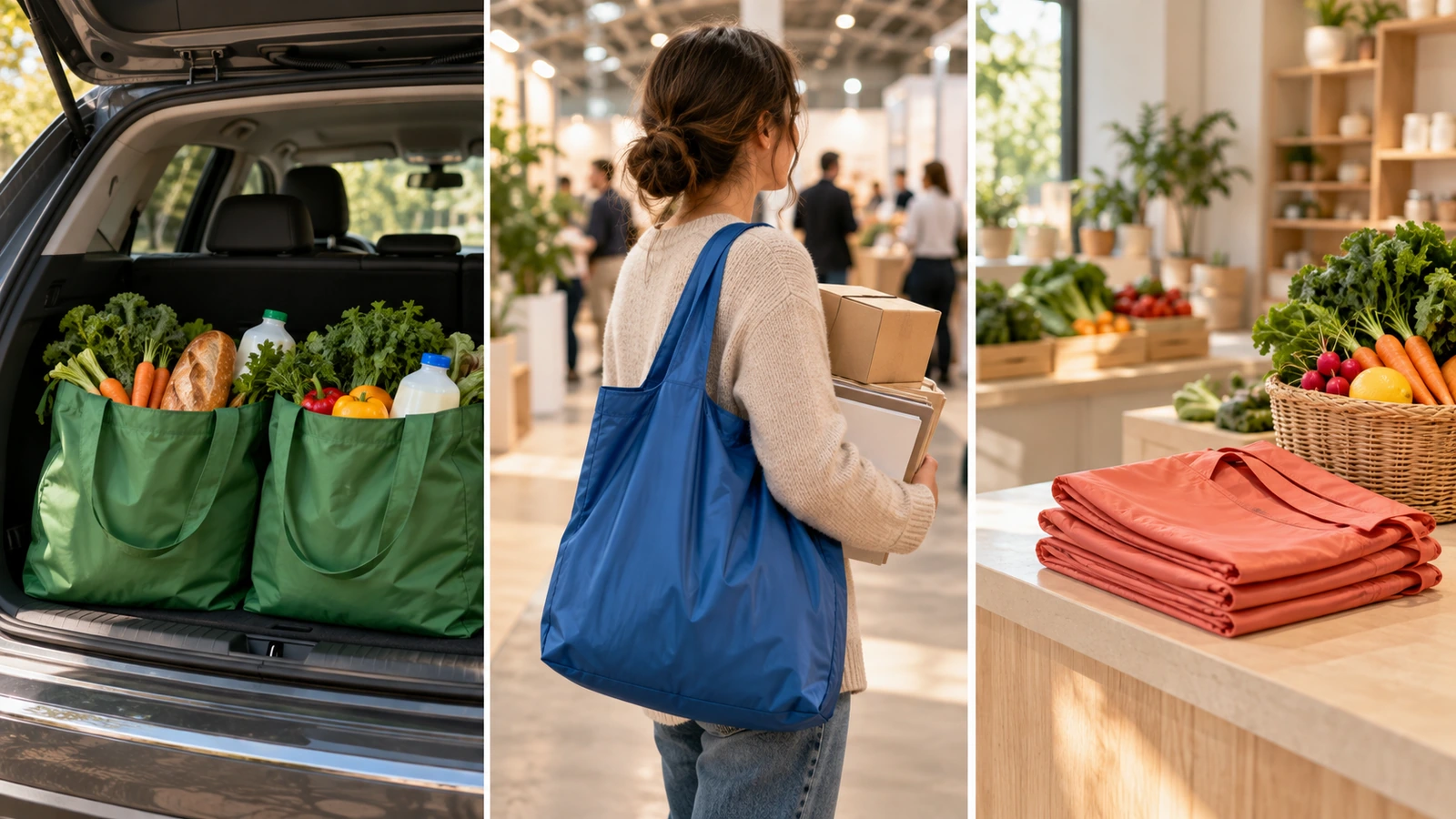 Ba cảnh cho thấy túi tái sử dụng quá khổ dùng để đi chợ số lượng lớn, nhận quà tặng ở hội chợ thương mại và chương trình tại cửa hàng bán lẻ