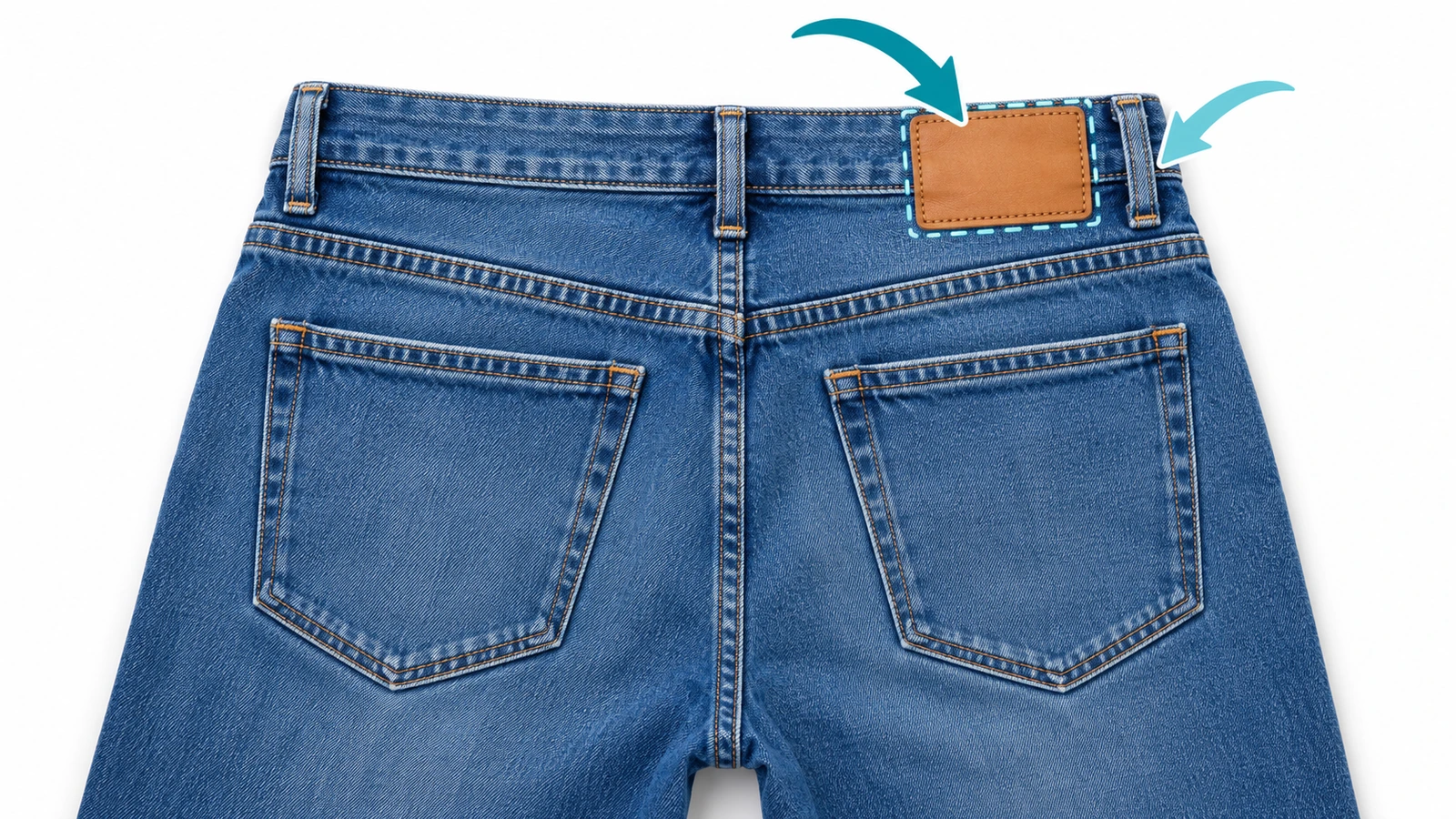 Mặt sau quần jeans có miếng nhãn da ở cạp phải phía sau, các mũi tên chỉ trình tự may trước khi passant được đính bọ