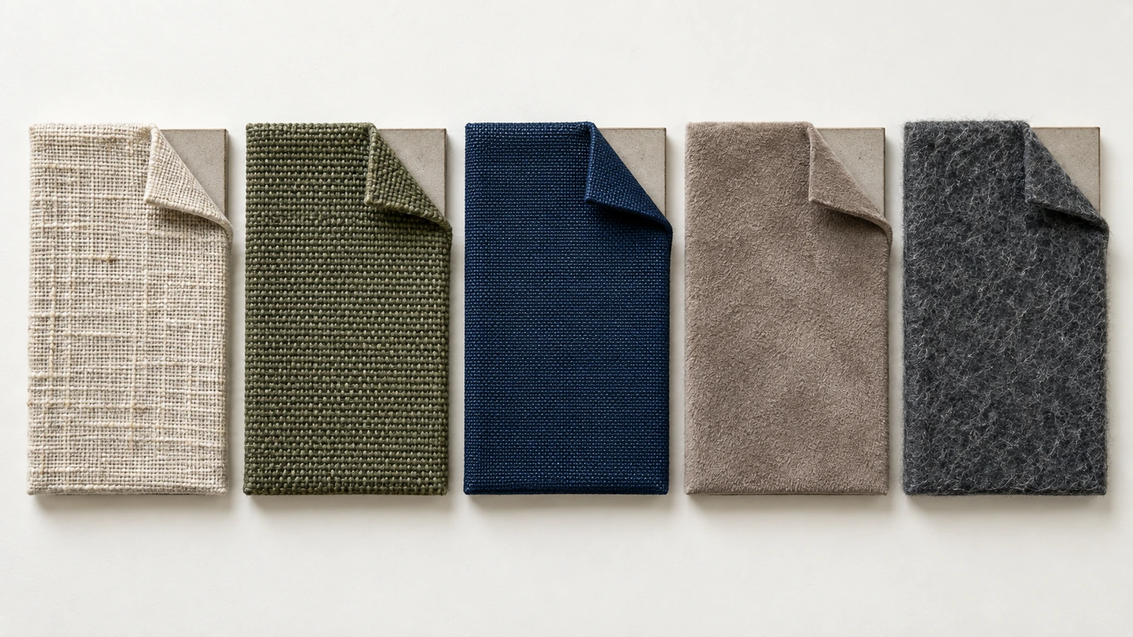 Năm loại vải bìa sổ tay đặt cạnh nhau: vải lanh tự nhiên, canvas cotton, vải bìa sách phủ, da lộn nhân tạo và nỉ PET tái chế, cho thấy kết cấu vân dệt của từng loại