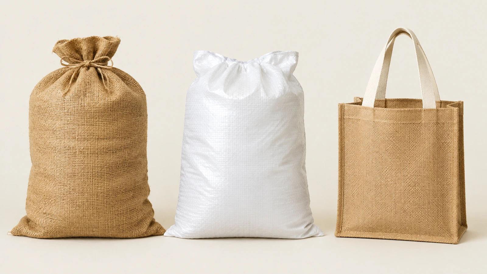 Bố trí cạnh nhau một bao đay hàng hóa trơn, một bao polypropylene dệt màu trắng và một túi tote đay có quai cotton
