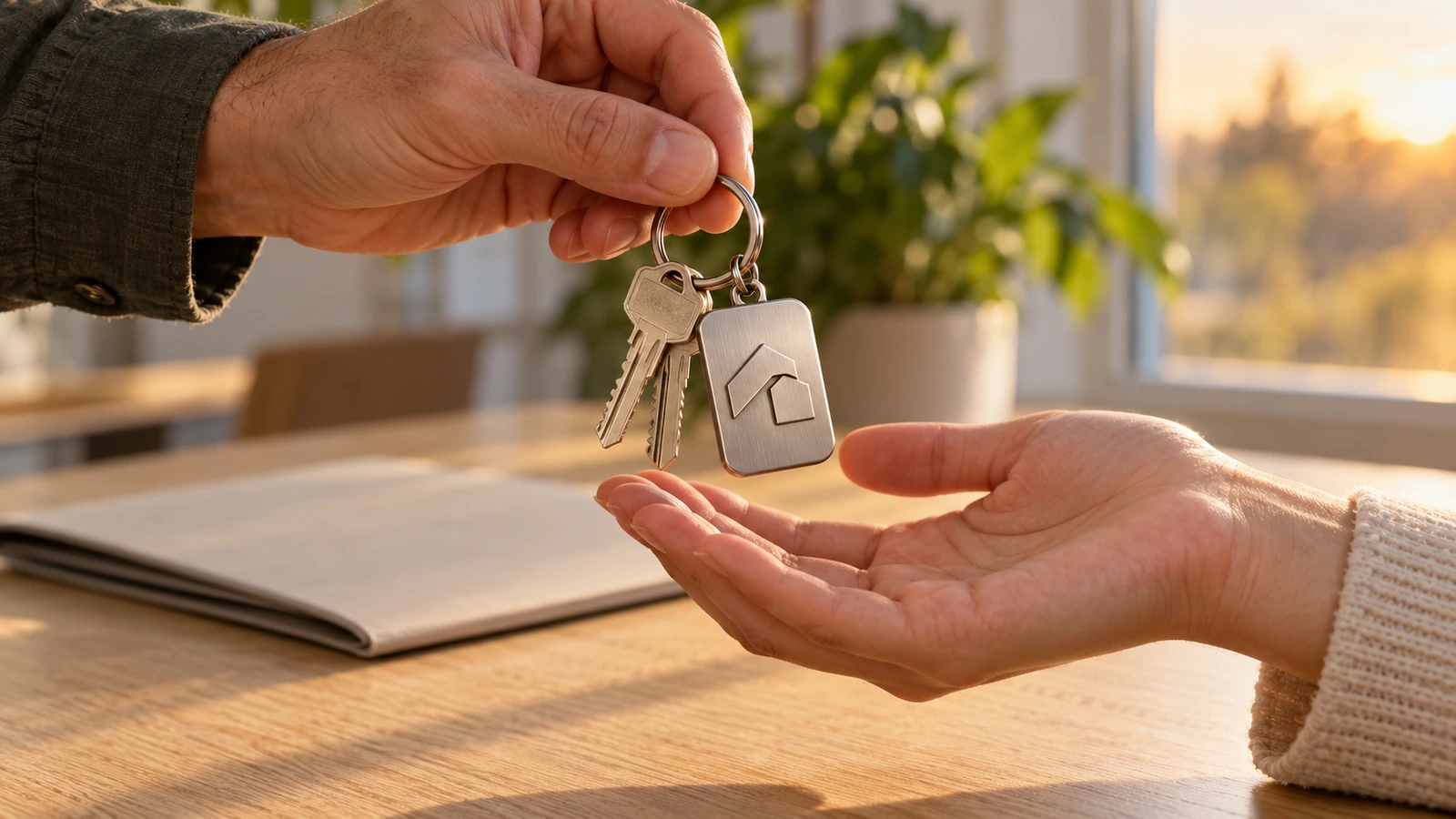 Cận cảnh hai bàn tay trao nhau chùm chìa khóa nhà có gắn một chiếc móc khóa kim loại dập đơn giản qua mặt bàn gỗ