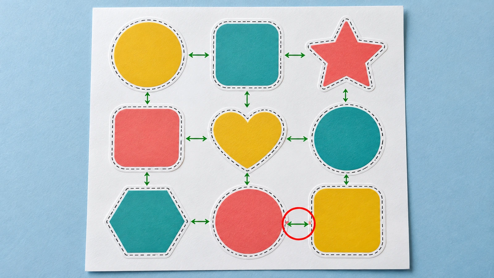 Góc nhìn từ trên xuống của một tờ sticker với các hình cắt hờ cách đều nhau và các mũi tên đánh dấu khoảng cách bằng nhau, cùng một cặp đặt quá gần nhau được tô đỏ