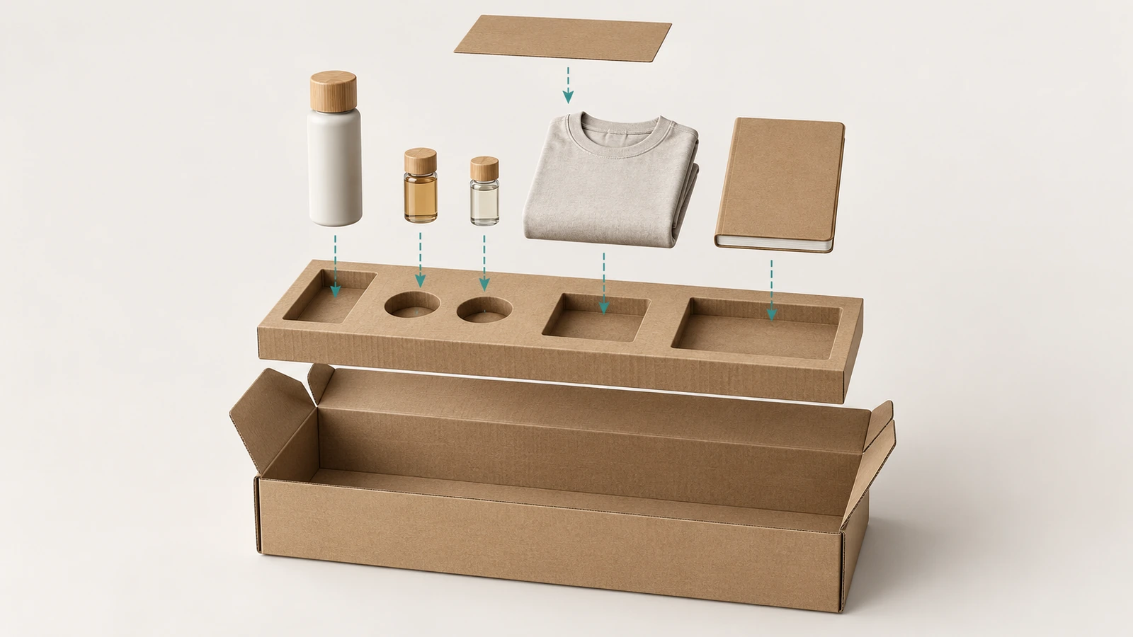 Hình phân rã của một hộp mailer đóng bộ kit, cho thấy hộp ngoài nắp gài đầu cuộn, miếng chèn carton sóng bế với nhiều khoang và các thành phần của bộ kit lơ lửng phía trên các vị trí được chỉ định