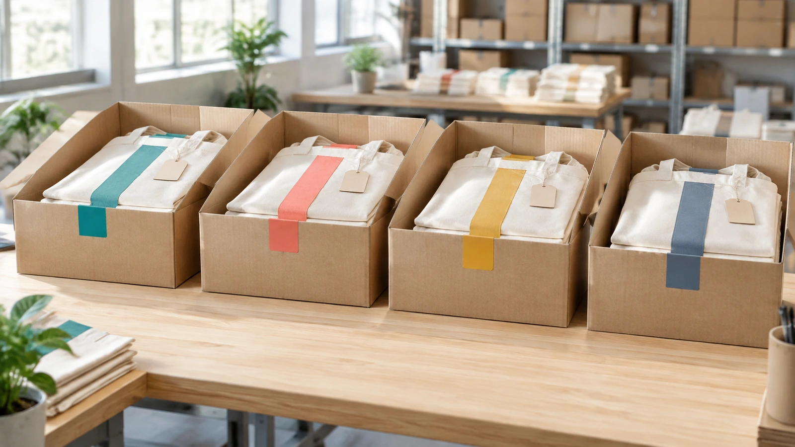 Các túi tote đã đóng gói được xếp vào dãy thùng carton có thẻ màu khớp với từng nhóm phân phát