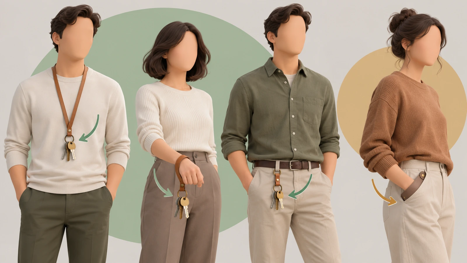 Ba vị trí mang móc khóa dây đeo da so với móc khóa da ngắn bỏ túi: đeo ở cổ, vòng quanh cổ tay, cài vào khuyết thắt lưng và nhét trong túi quần