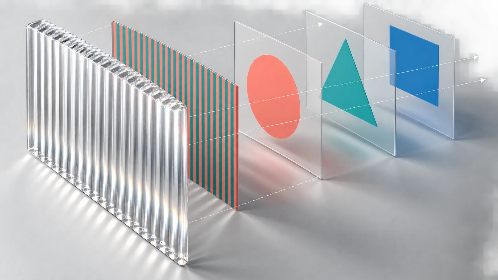 Sơ đồ phân rã của thẻ lenticular 3D cho thấy tấm thấu kính có gờ, lớp in xen kẽ ảnh và các mặt phẳng chiều sâu phân lớp phía sau bề mặt