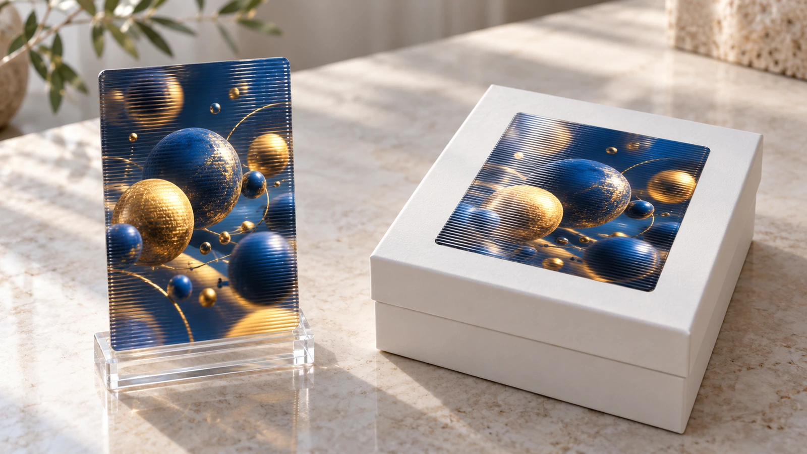 Cảnh đặt cạnh nhau: một thẻ lenticular cứng dựng đứng bên cạnh một nhãn dán lenticular được dán trên nắp hộp phẳng