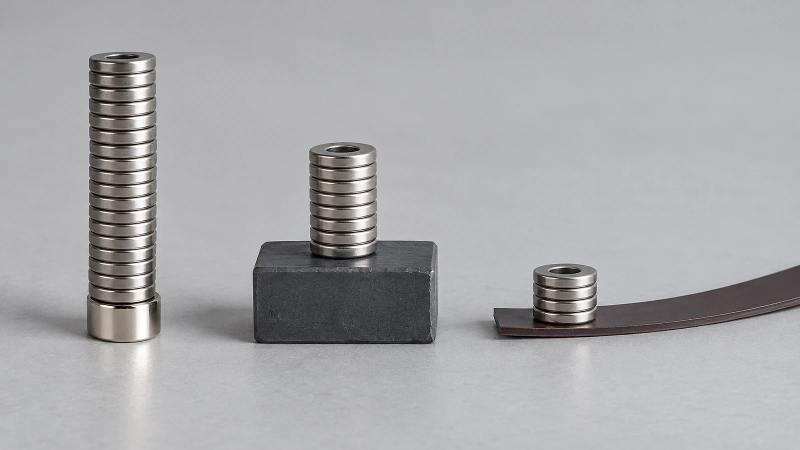 So sánh cạnh nhau giữa một đĩa neodymium nhỏ có mạ, một khối ferrite xám lớn hơn và một dải từ dẻo mỏng, được phóng theo tỷ lệ để thể hiện lực giữ tương đối