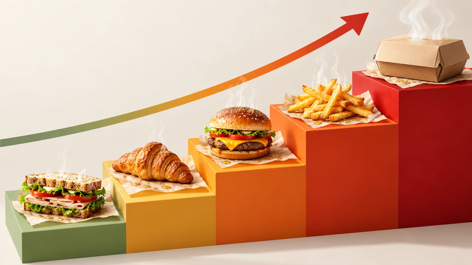 Hình minh họa bậc thang các món mang đi tăng dần từ bánh sừng bò và sandwich đến khoai tây chiên và hộp giao hàng kín, với giọt dầu và luồng nhiệt tăng lên ở mỗi bậc để thể hiện nhu cầu lớp chắn dầu mỡ ngày càng cao