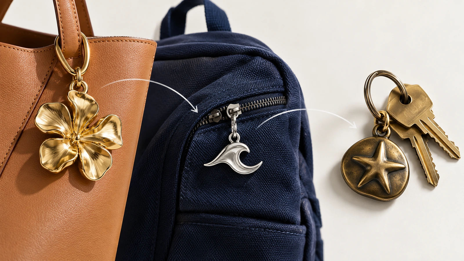 So sánh ba kiểu charm móc khóa kim loại: charm treo túi điêu khắc treo trên quai túi tote, móc kéo khóa phẳng trên khóa ba lô và charm móc chìa khóa bo tròn cùng chìa khóa