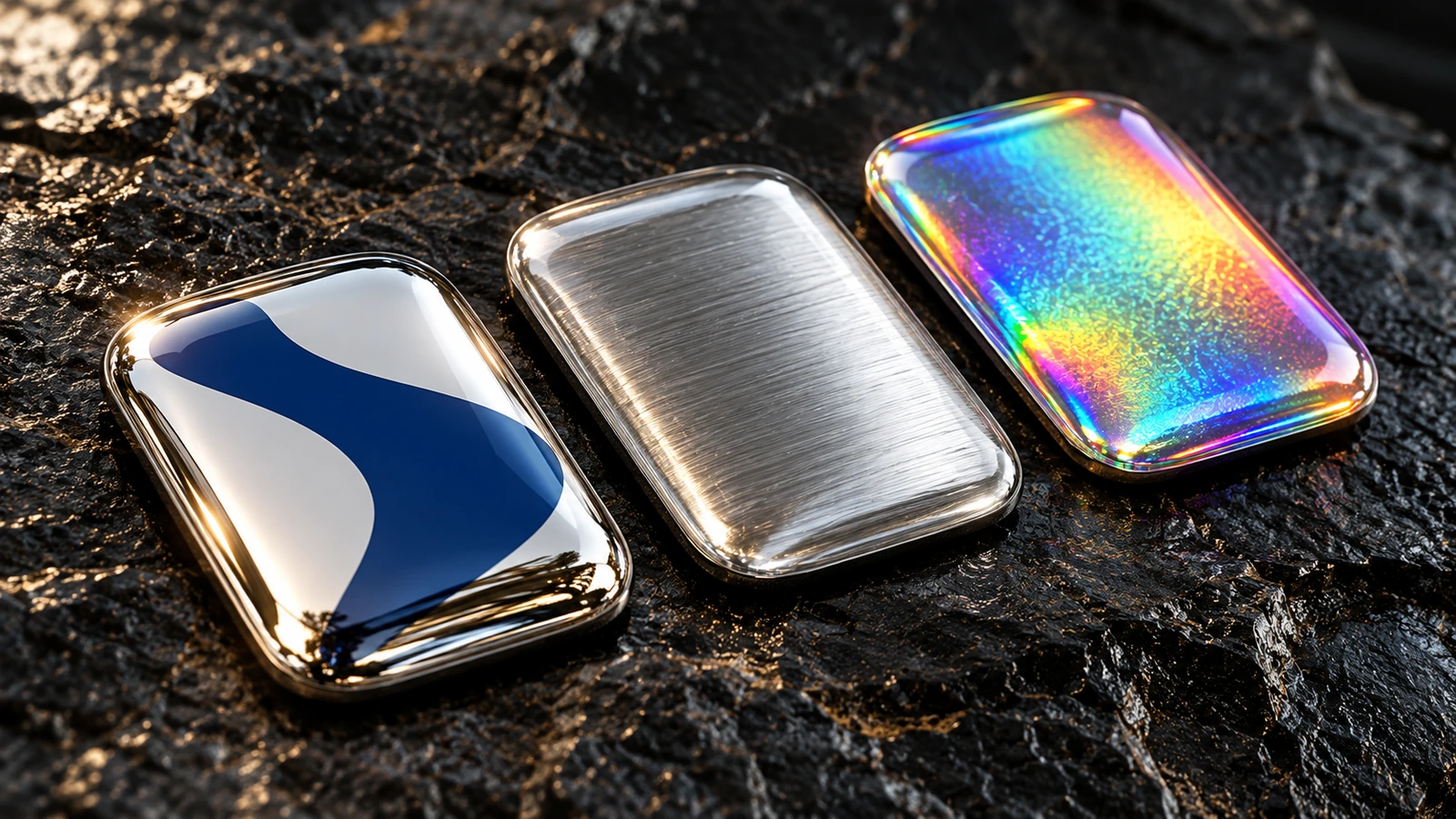 Cảnh cận cảnh ba nhãn dán vòm nhựa trên màng nền chrome, kim loại xước và hologram, phản chiếu ánh sáng qua lớp nhựa trong